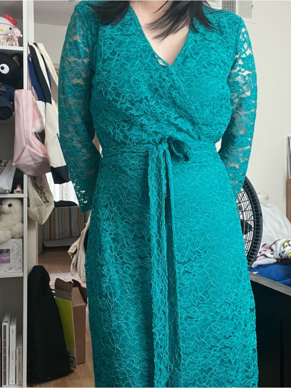 new york and company green lace midi dress size 6 with tie